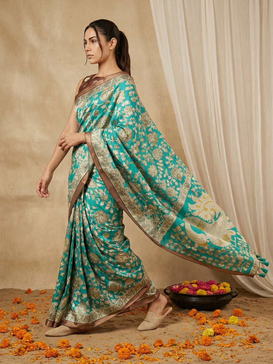 Green Leelawati Pure Tussar Silk Kalamkari Printed Saree 
