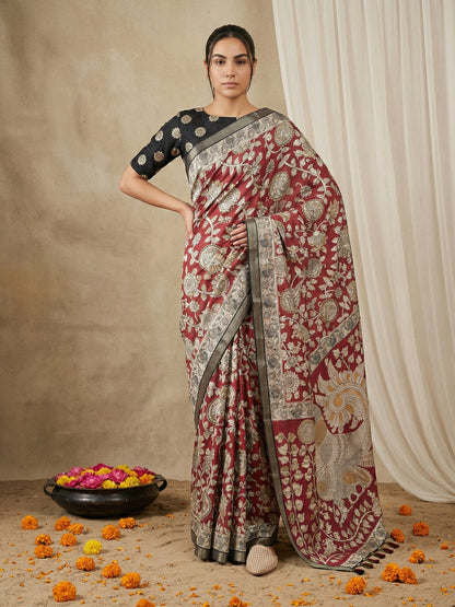 Red Leelawati Pure Tussar Silk Kalamkari Printed Saree 