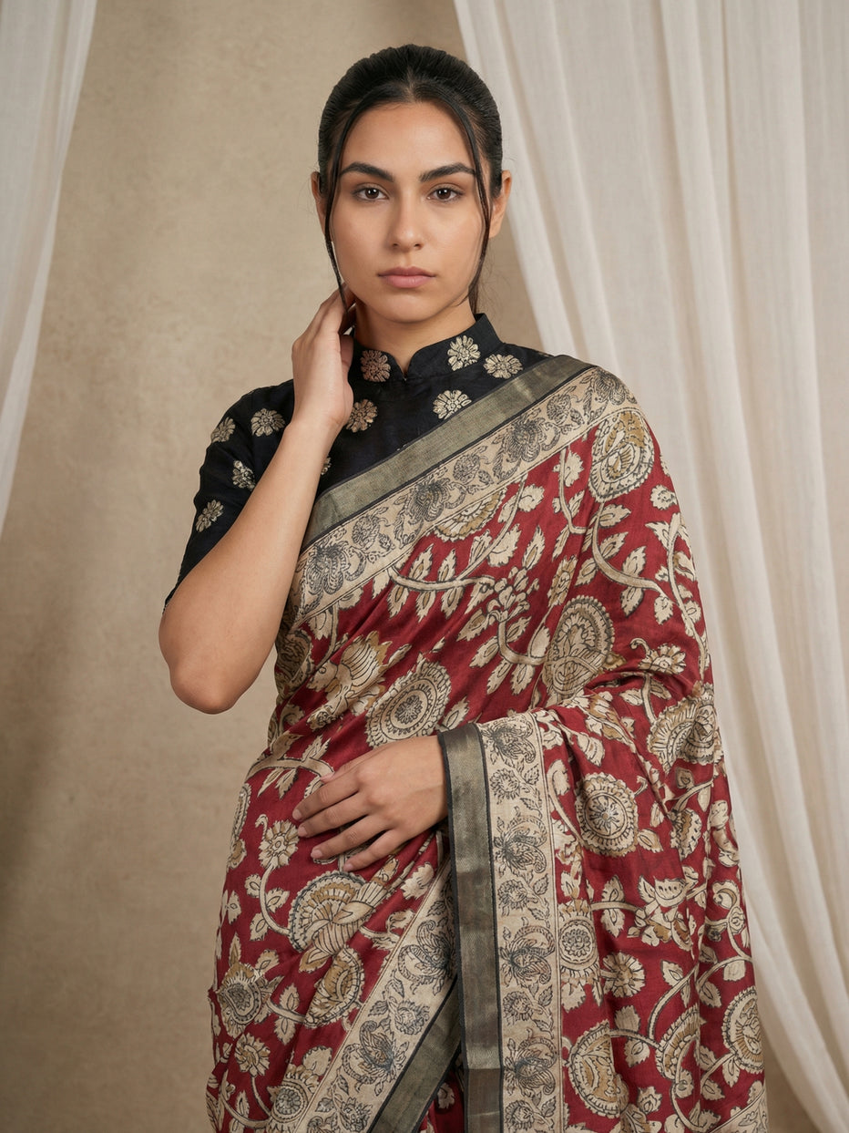 Red Leelawati Pure Tussar Silk Kalamkari Printed Saree