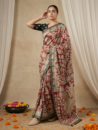 Red Leelawati Pure Tussar Silk Kalamkari Printed Saree 