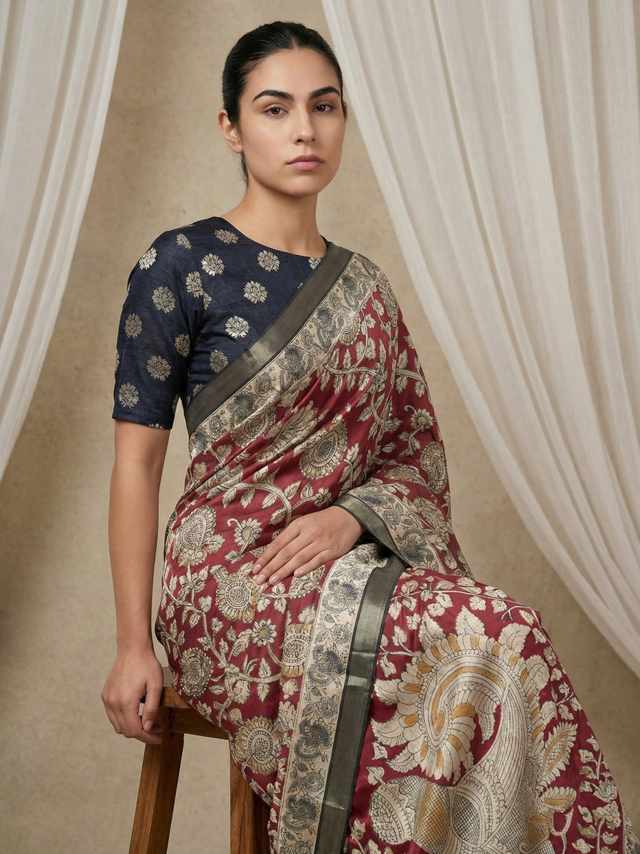 Red Leelawati Pure Tussar Silk Kalamkari Printed Saree 