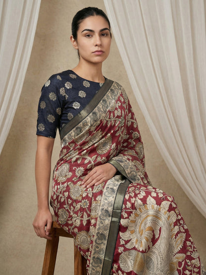 Red Leelawati Pure Tussar Silk Kalamkari Printed Saree 