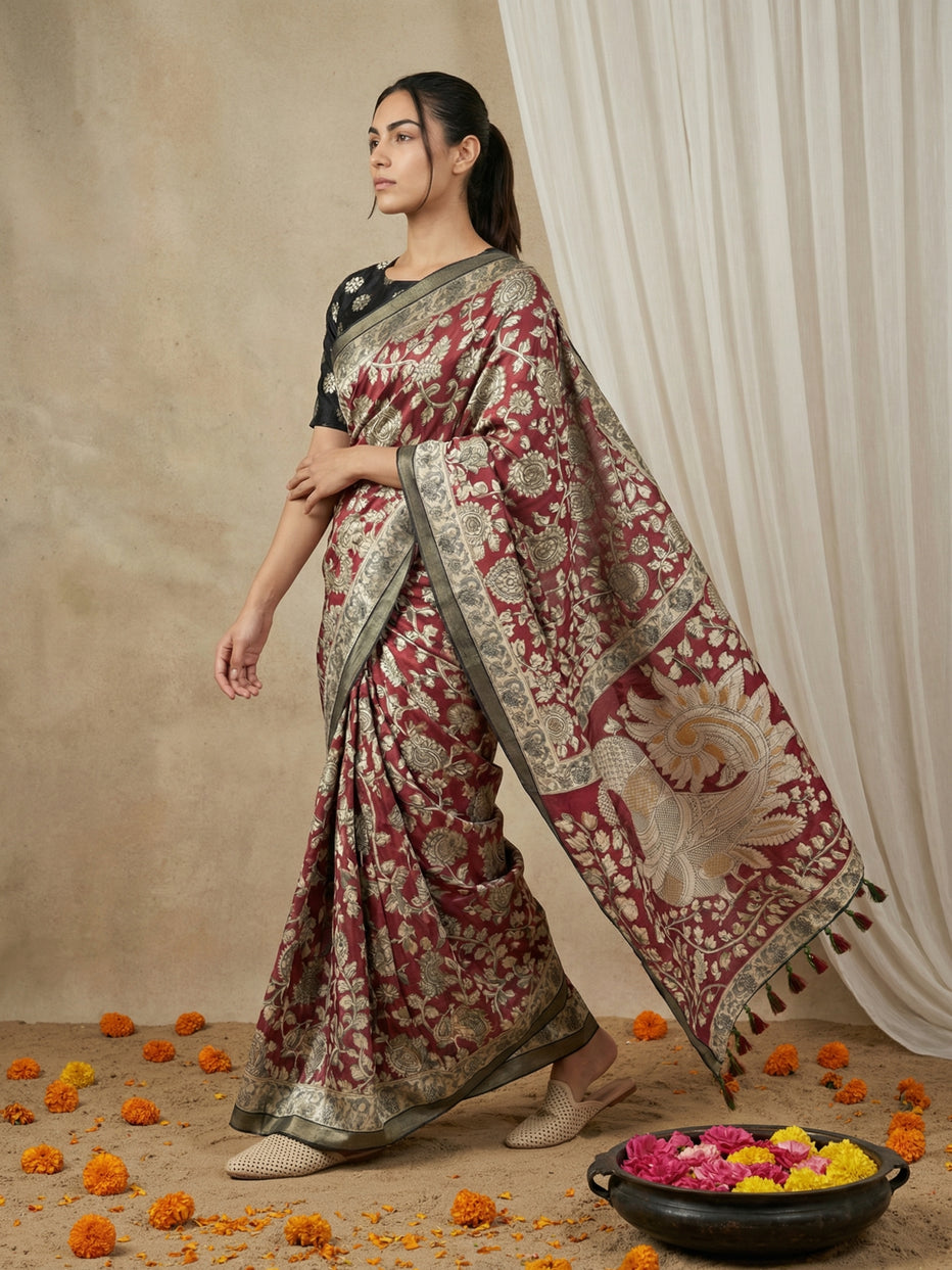 Red Leelawati Pure Tussar Silk Kalamkari Printed Saree 