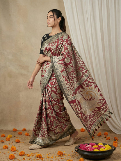 Red Leelawati Pure Tussar Silk Kalamkari Printed Saree 
