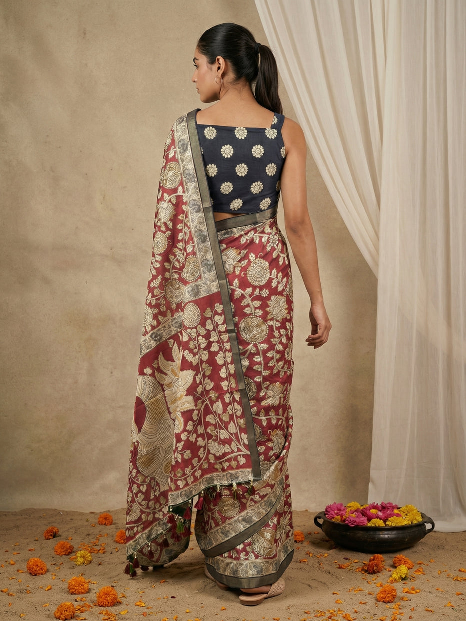 Red Leelawati Pure Tussar Silk Kalamkari Printed Saree 