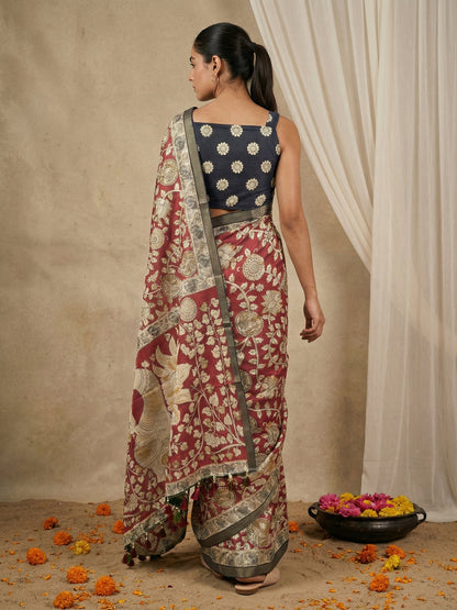 Red Leelawati Pure Tussar Silk Kalamkari Printed Saree 