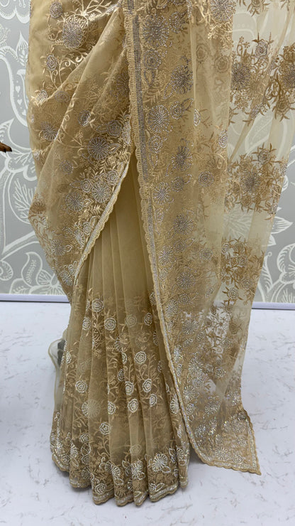 Gold Pure Premium Net Handwork Kasti &amp; Motif Zari Metallic Sequins Work Wedding Saree