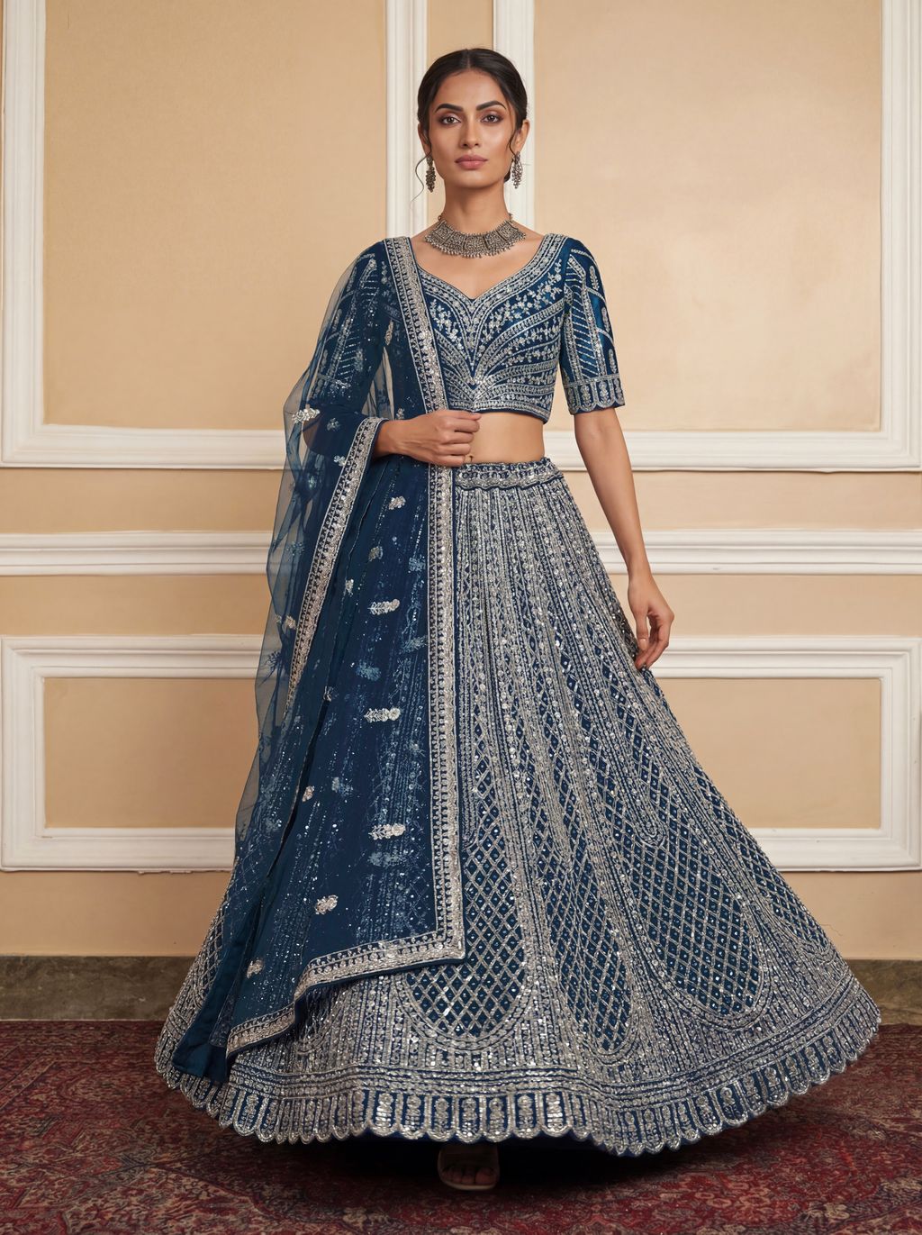 Rama Blue Pure Soft Net Heavy Embroidery Work Bridal Lehenga