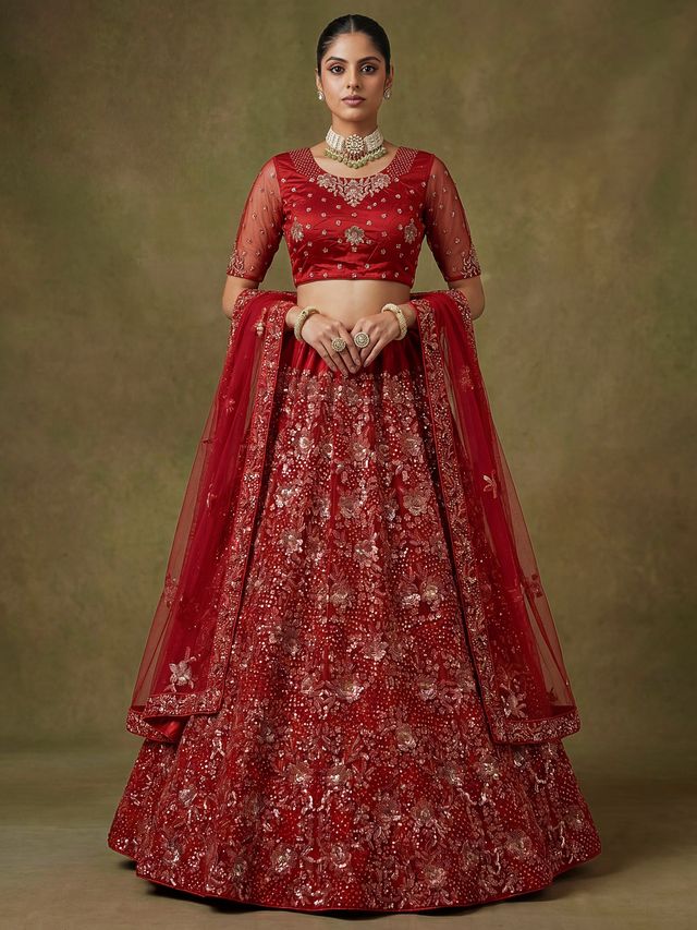 Red Pure Soft Heavy Net Sequins Embroidery Work Bridal Lehenga 