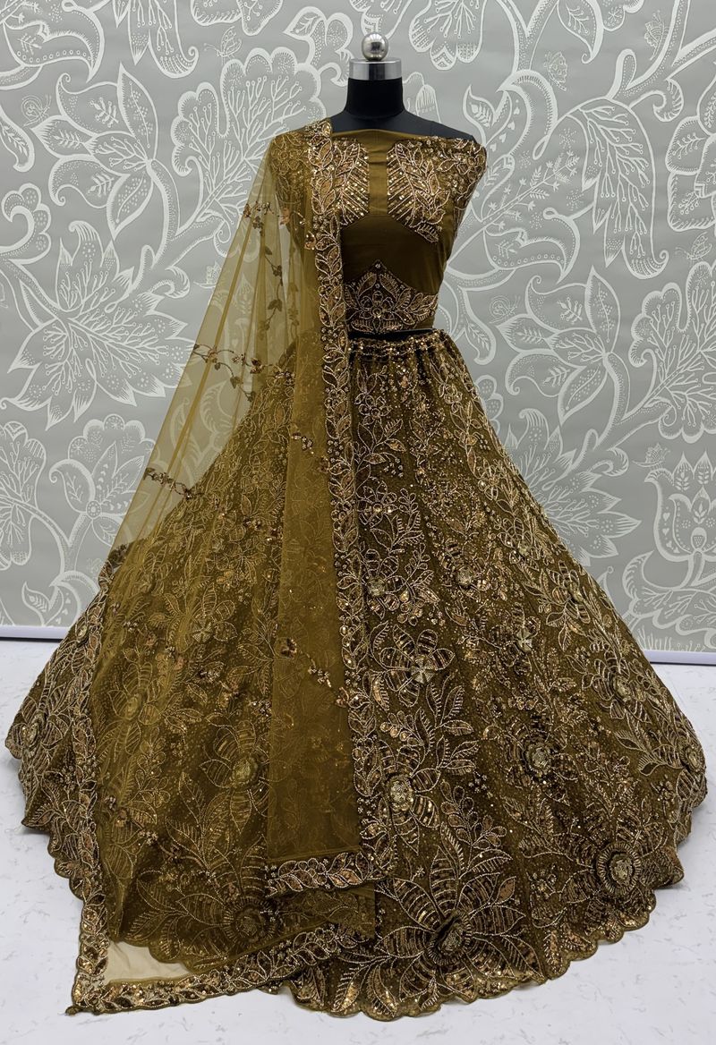 Metallic Gold  Pure Soft Net Heavy Embroidery Work Bridal Lehenga