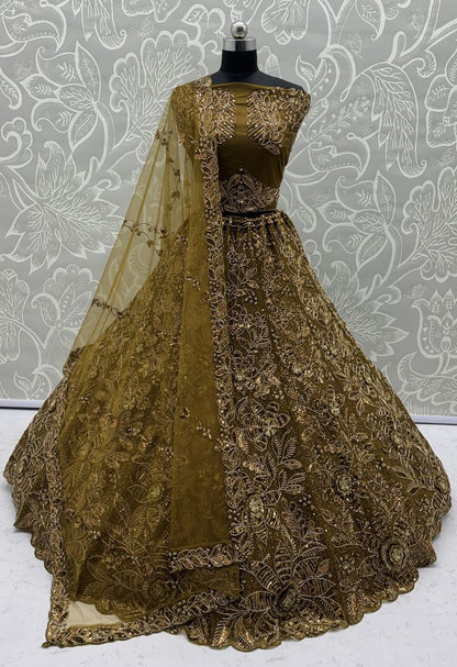 Metallic Gold  Pure Soft Net Heavy Embroidery Work Bridal Lehenga