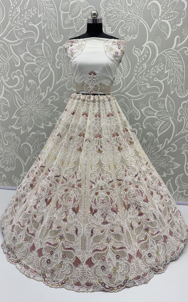 White Pure Heavy Net Motif Handwork Zari Sequins Work Bridal Lehenga Choli