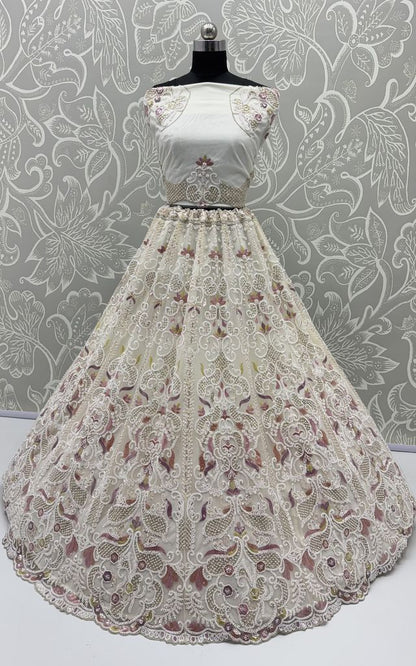 White Pure Heavy Net Motif Handwork Zari Sequins Work Bridal Lehenga Choli
