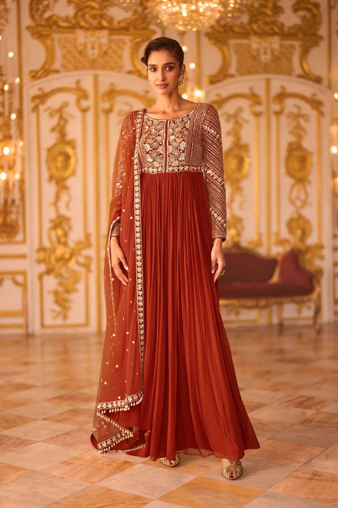 Rust Heavy Embroidered Georgette Anarkali Gown with Dupatta