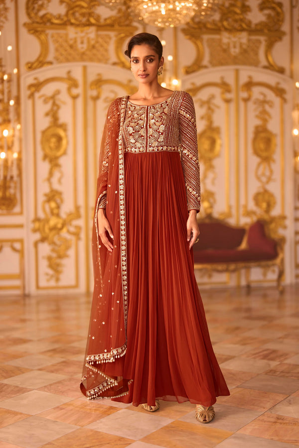 Rust Heavy Embroidered Georgette Anarkali Gown with Dupatta