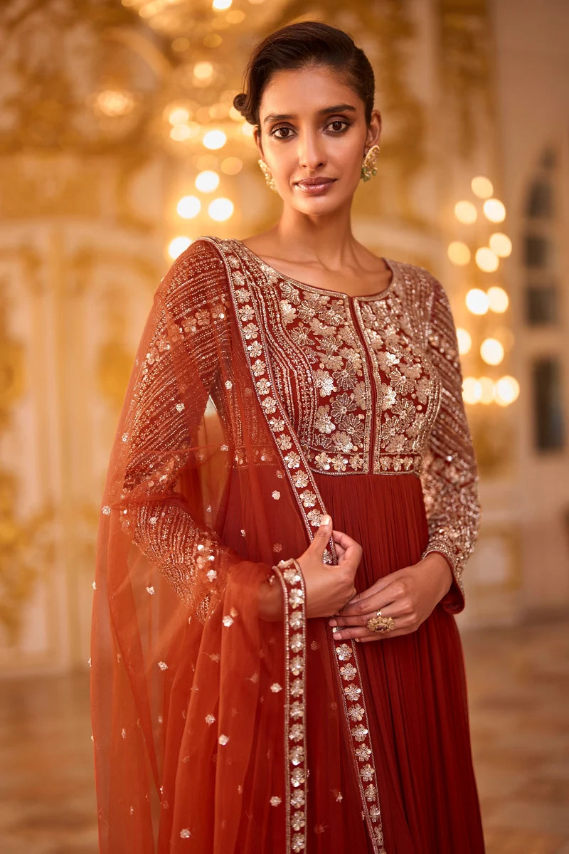 Rust Heavy Embroidered Georgette Anarkali Gown with Dupatta