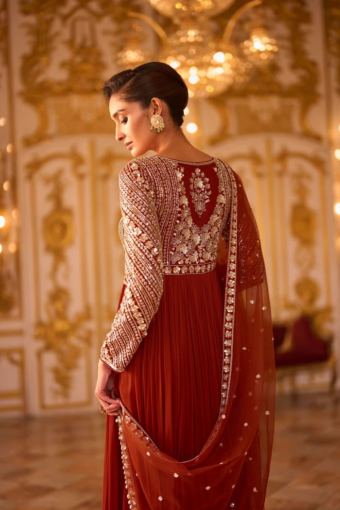 Rust Heavy Embroidered Georgette Anarkali Gown with Dupatta