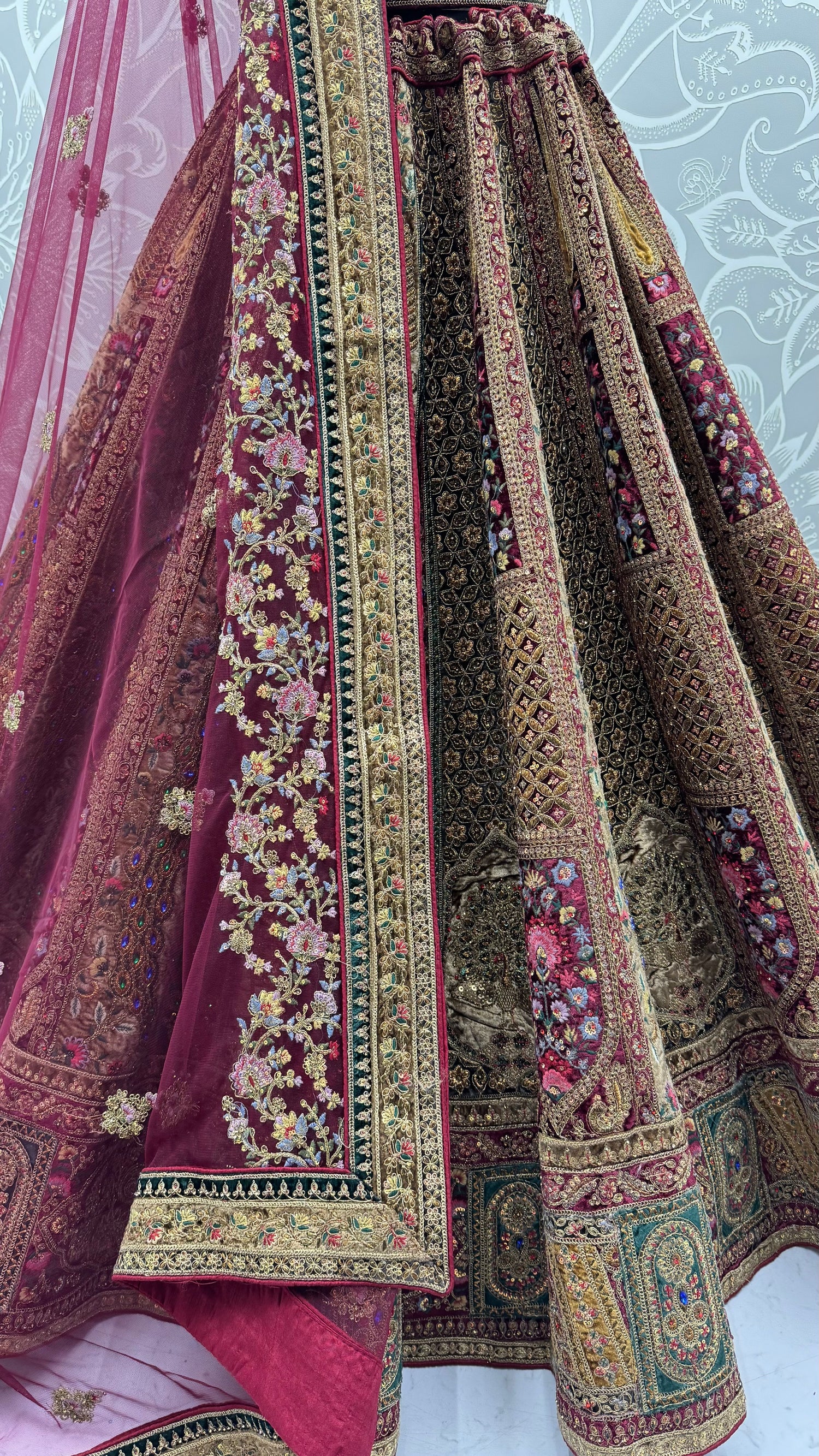Maroon Pure Velvet Heavy Embroidery Patch Work &amp; Sequins Thread Work Bridal Lehenga Chol
