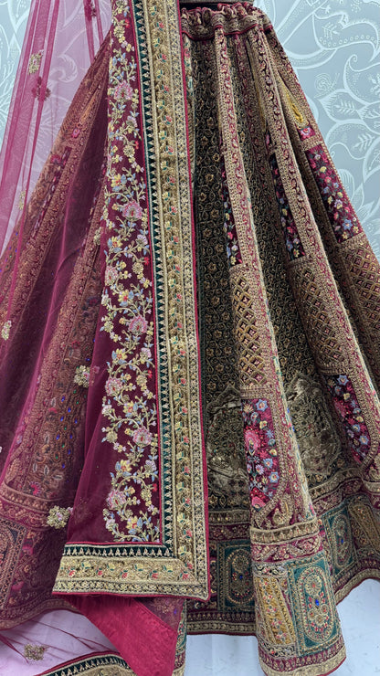 Maroon Pure Velvet Heavy Embroidery Patch Work &amp; Sequins Thread Work Bridal Lehenga Chol