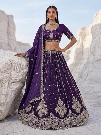 Purple Pure Soft Silk Heavy Sequins Embellishment Work Bridal Lehenga Choli 