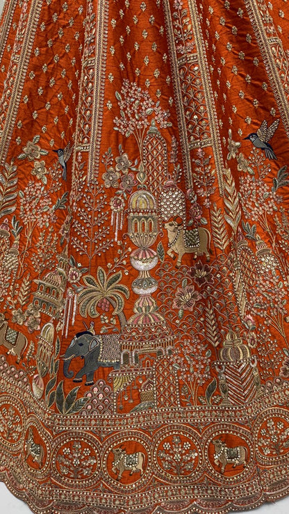 Orange Pure Soft Gadwal Silk Heavy Embroidery Work Bridal Lehenga 
