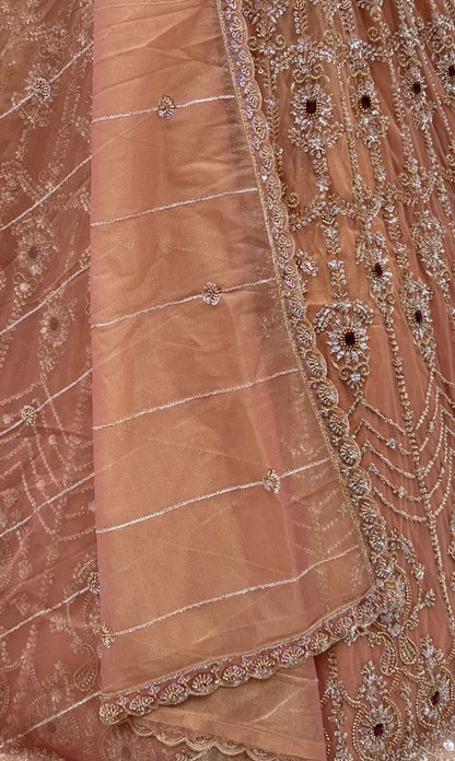 Peach Pure  Fendi Tussaud Silk Crystal Beads work Multi Thread Dori and Sequins Work Sequins Work Bridal Lehenga Choli