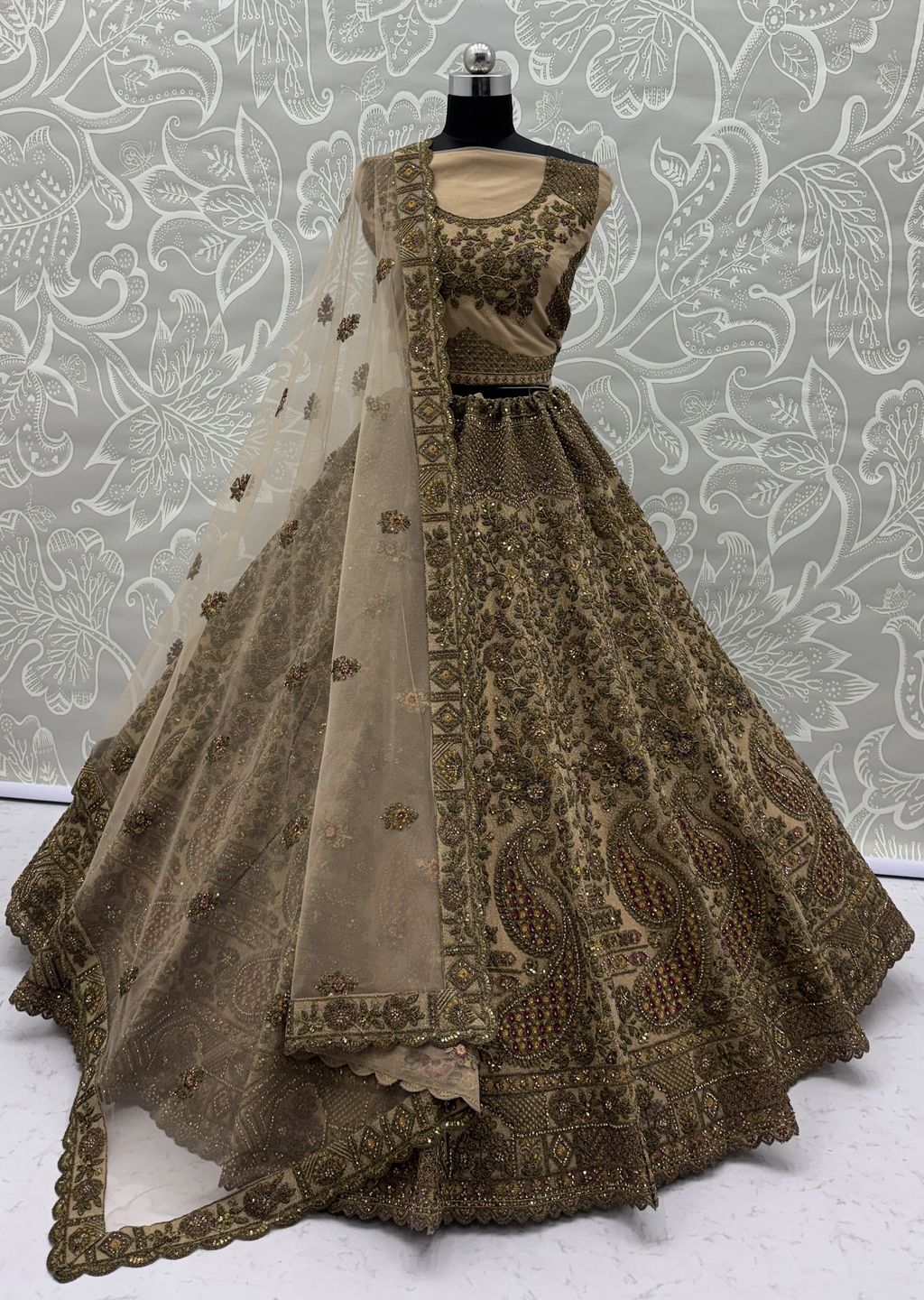 Beige Pure Soft Heavy Net Sequins Embroidery Work Bridal Lehenga 
