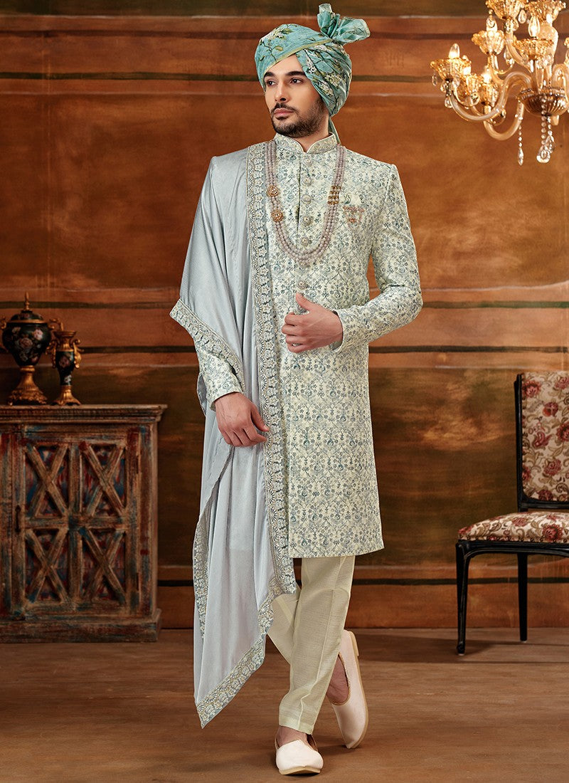 Light Green and Grey Colour Designer Exclusive Wedding Wear Sherwani Suit D.No.1031 Anant Tex Exports Private Limited