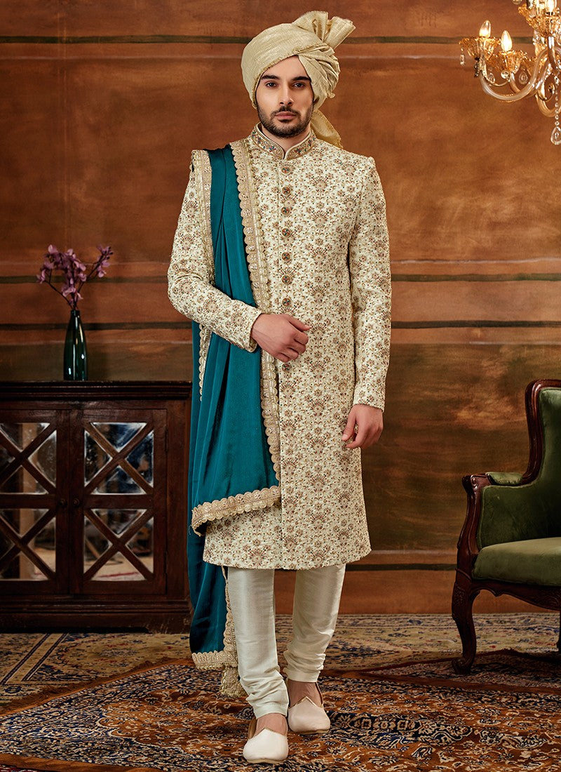 Light Green and Teal Blue Colour Designer Exclusive Wedding Wear Sherwani Suit D.No.1033 Anant Tex Exports Private Limited