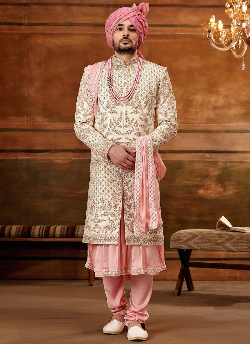 Light Pink and White Colour Designer Exclusive Wedding Wear Sherwani Suit D.No.1023 Anant Tex Exports Private Limited