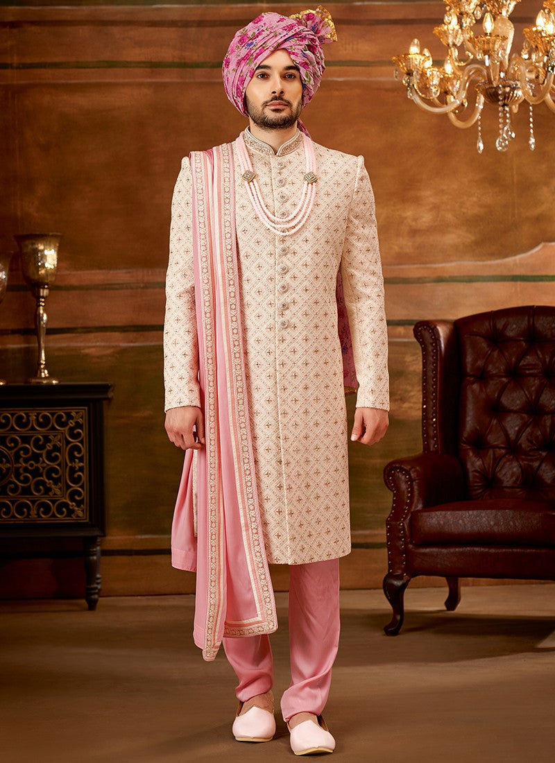 Light Pink and White Colour Designer Exclusive Wedding Wear Sherwani Suit