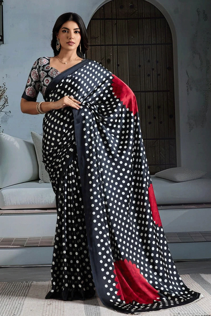 Black Pure Modal Satin Ajrakh Print Satin Saree Japan Satin Saree Anant Tex Exports Pvt.Ltd..