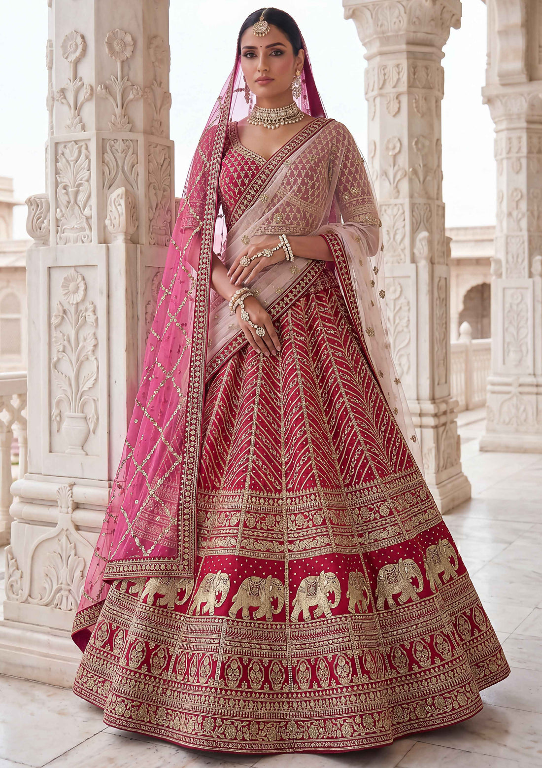 Rani Pink Pure Slubb Silk Premium Tatamie Zari Dori Embroidery Metalic Sequins Work Bridal Lehenga Choli