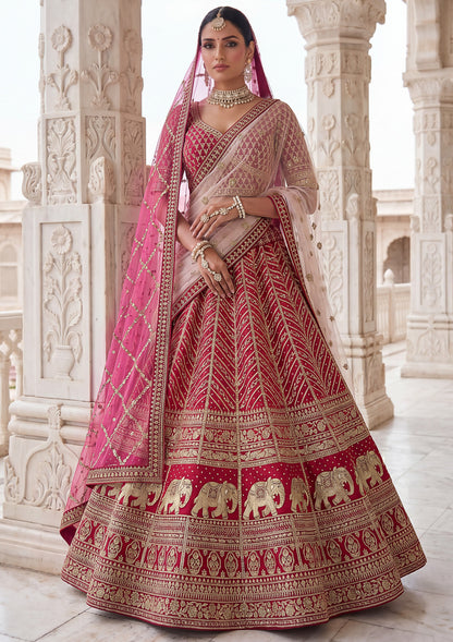 Rani Pink Pure Slubb Silk Premium Tatamie Zari Dori Embroidery Metalic Sequins Work Bridal Lehenga Choli