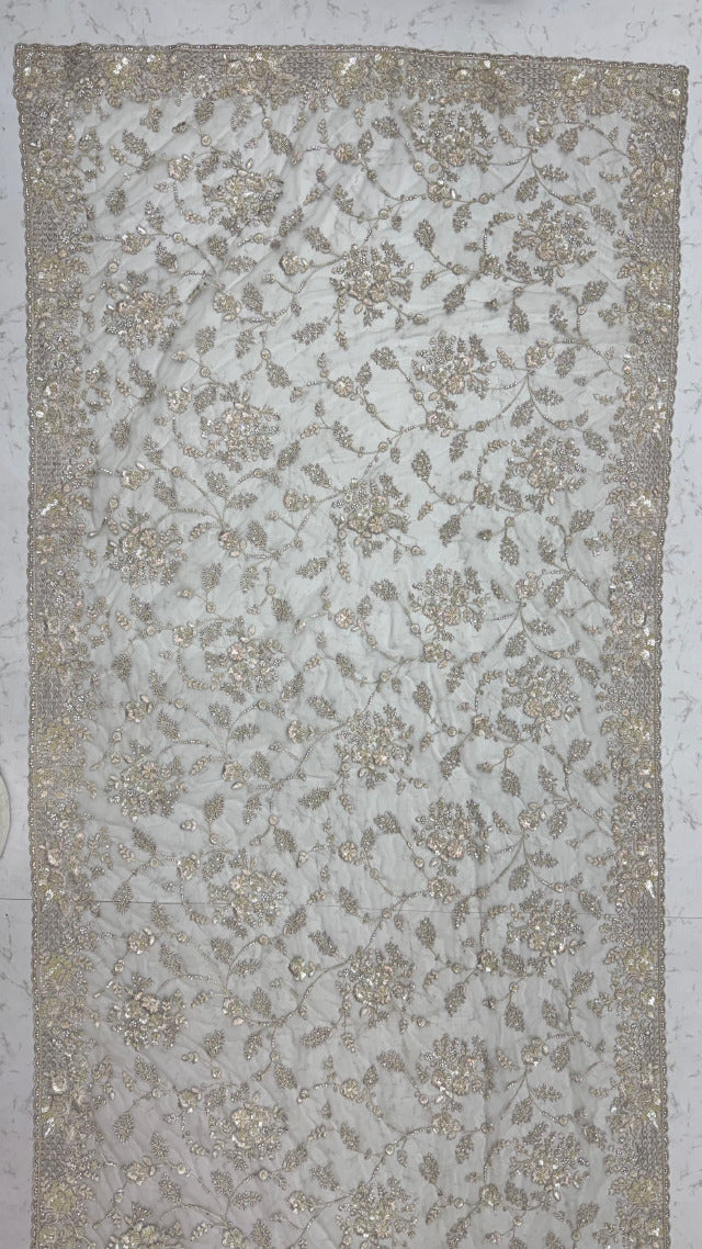 Beige Pure Premium Net Handwork Kasti &amp; Motif Zari Metallic Sequins Work Wedding Saree