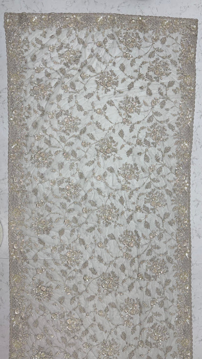 Beige Pure Premium Net Handwork Kasti &amp; Motif Zari Metallic Sequins Work Wedding Saree