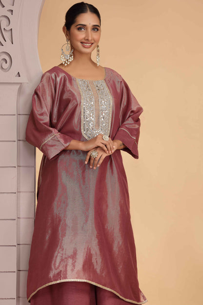 Magenta Orgenza Shimmer A-Line Kurta Set with Palazzo Kurta Set Anant Tex Exports Pvt.Ltd..