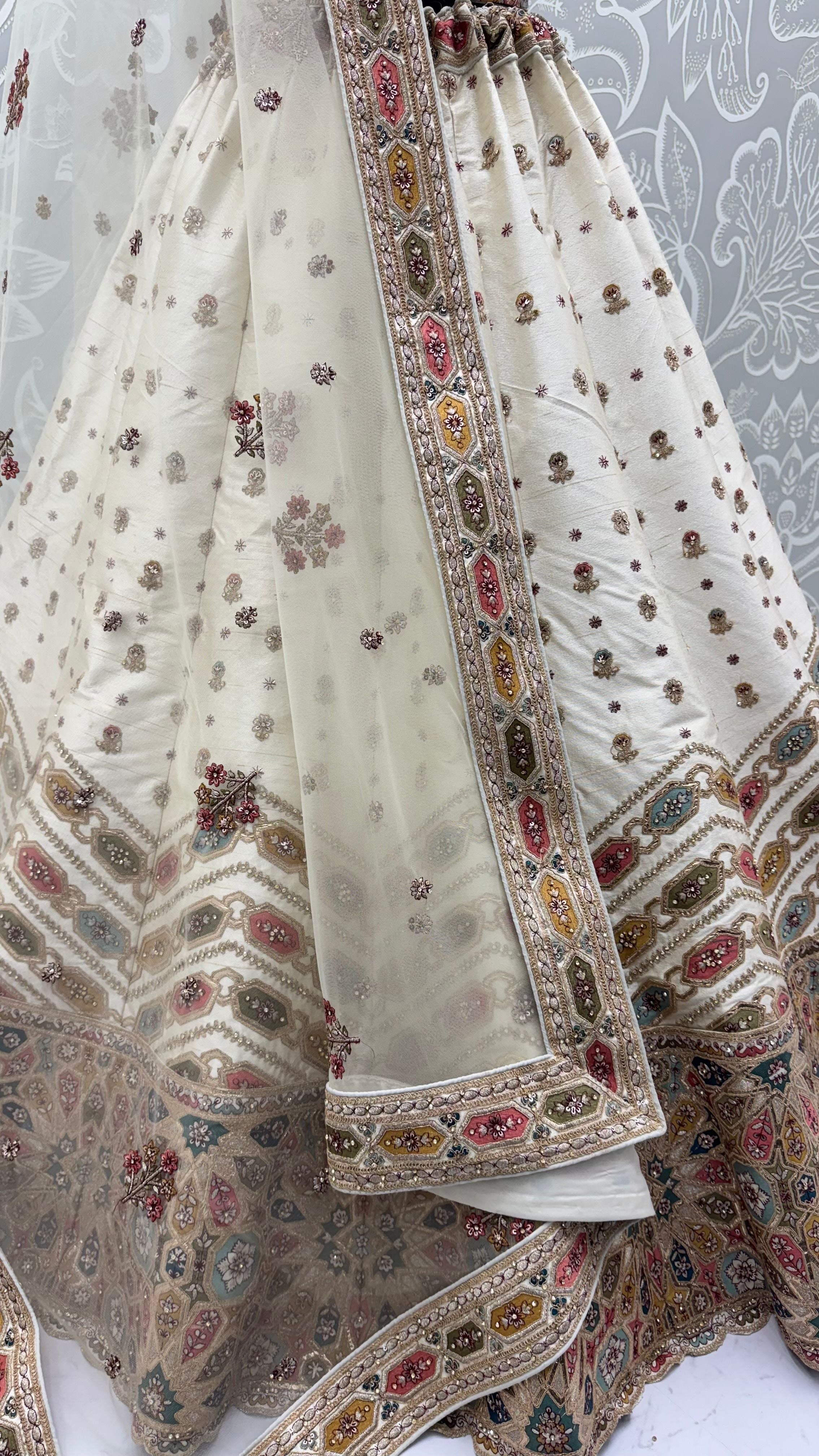 White Pure Slubb Silk Premium Dori Embroidery Sequins &amp; Diamond Work Bridal Lehenga Choli