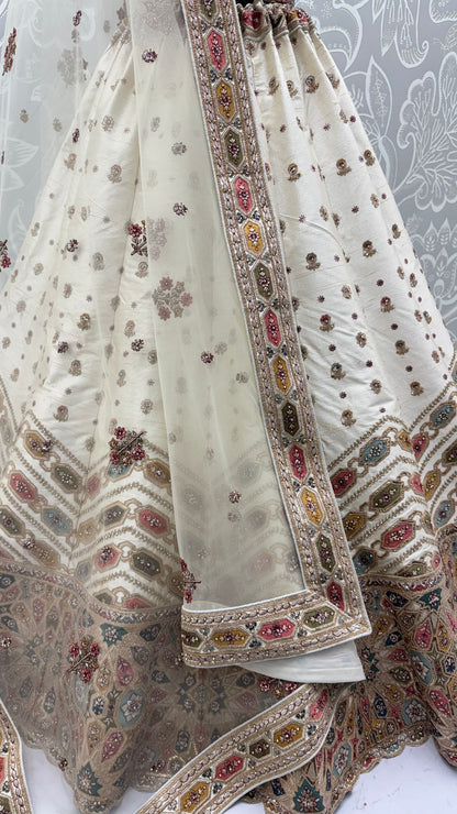 White Pure Slubb Silk Premium Dori Embroidery Sequins &amp; Diamond Work Bridal Lehenga Choli