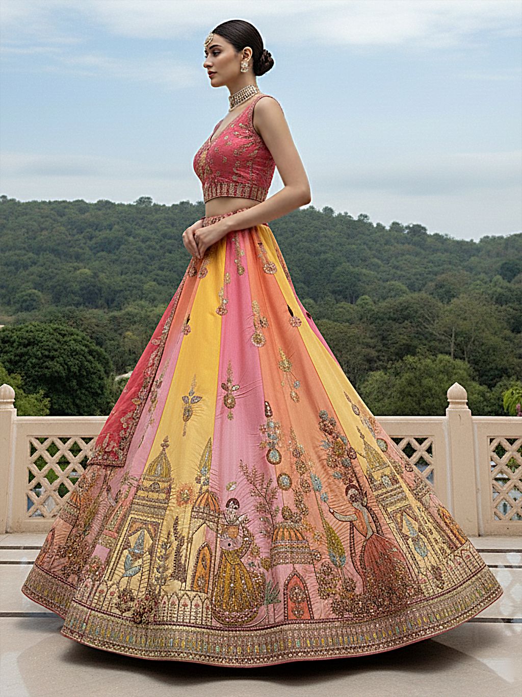 Multi Pink Pure Soft Silk Premium Bridal Lehenga Choli