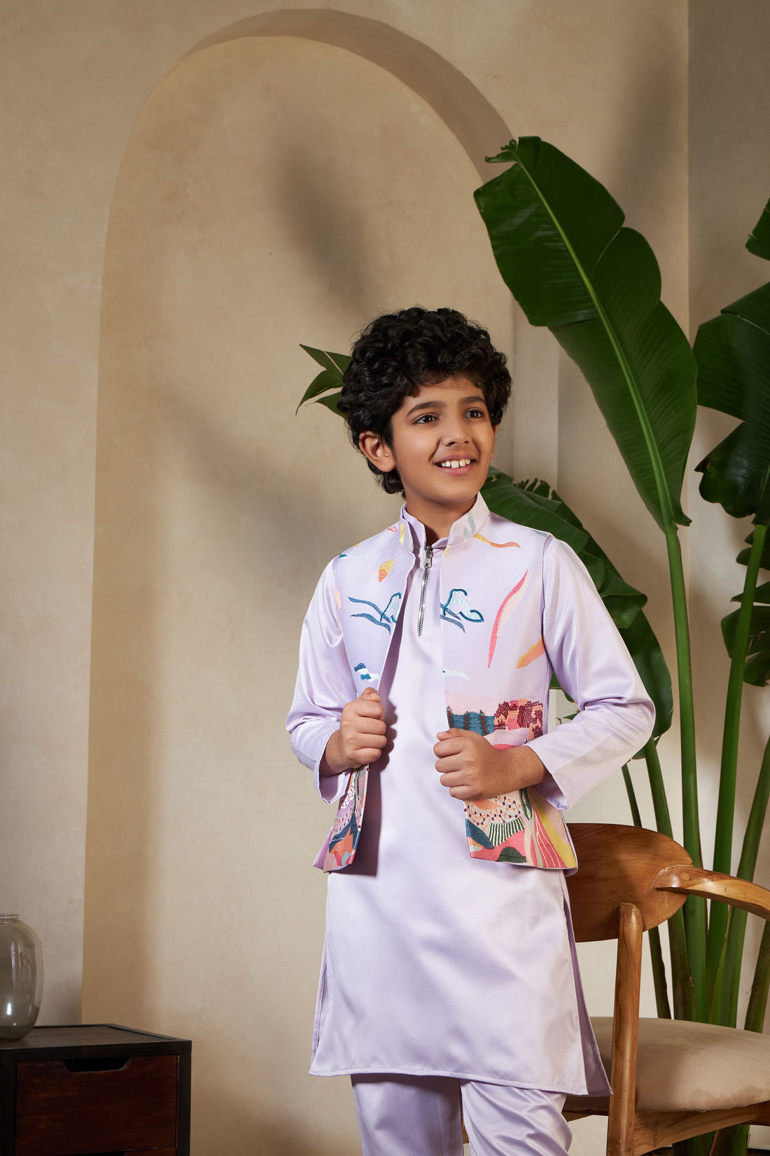 Lavender Pure Satin Silk Kids Boy Kurta Pajama With Koti Jacket 