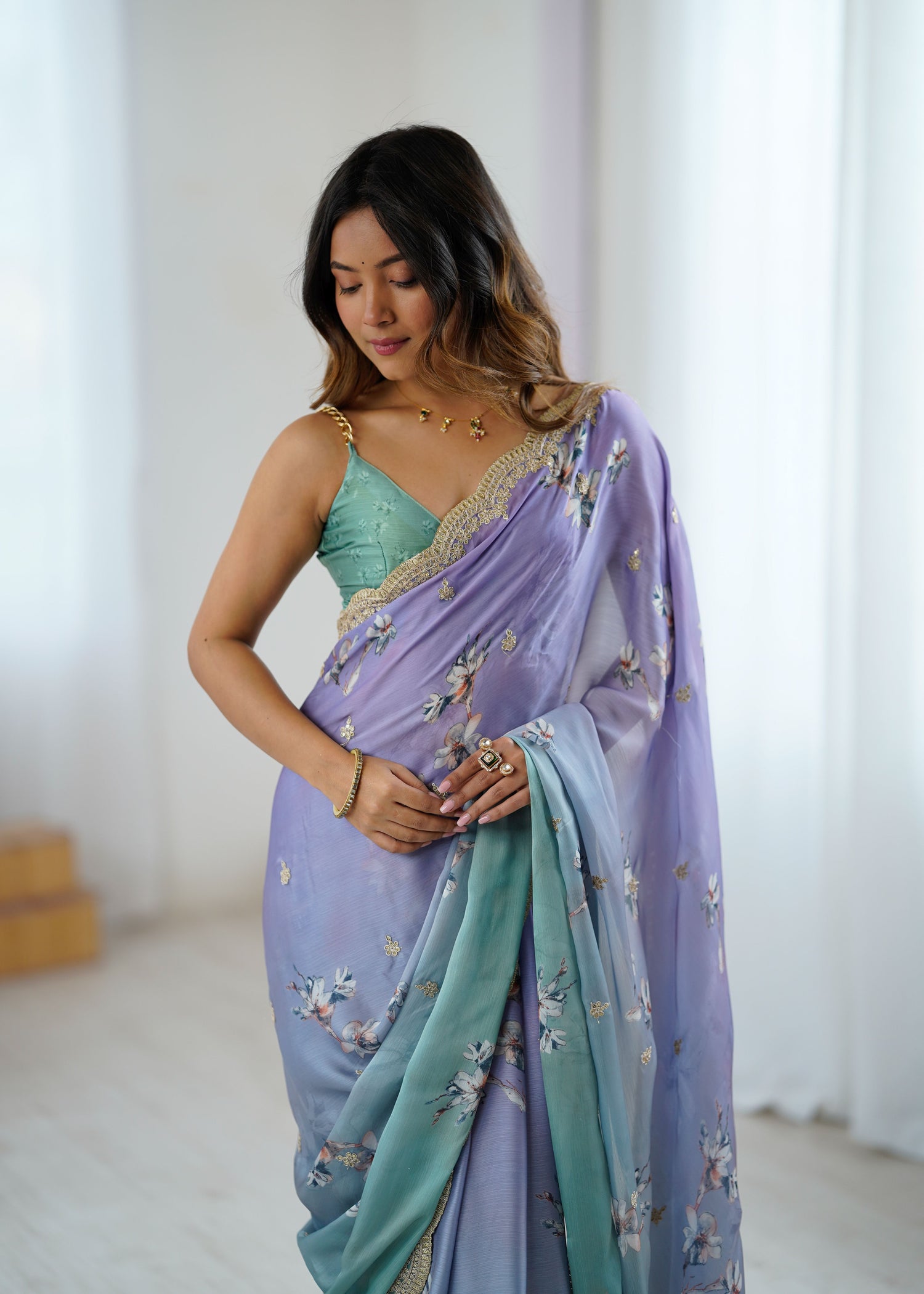 Aqua Green Two Tone Satin Silk Sequins Embroidery Ready to Wear Saree 