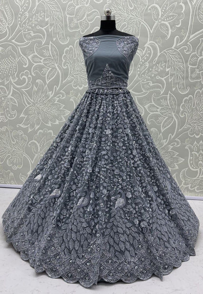 Grey Pure Heavy Net Monochrome Sequins Zari Embroidery Work Net Bridal Lehenga Choli