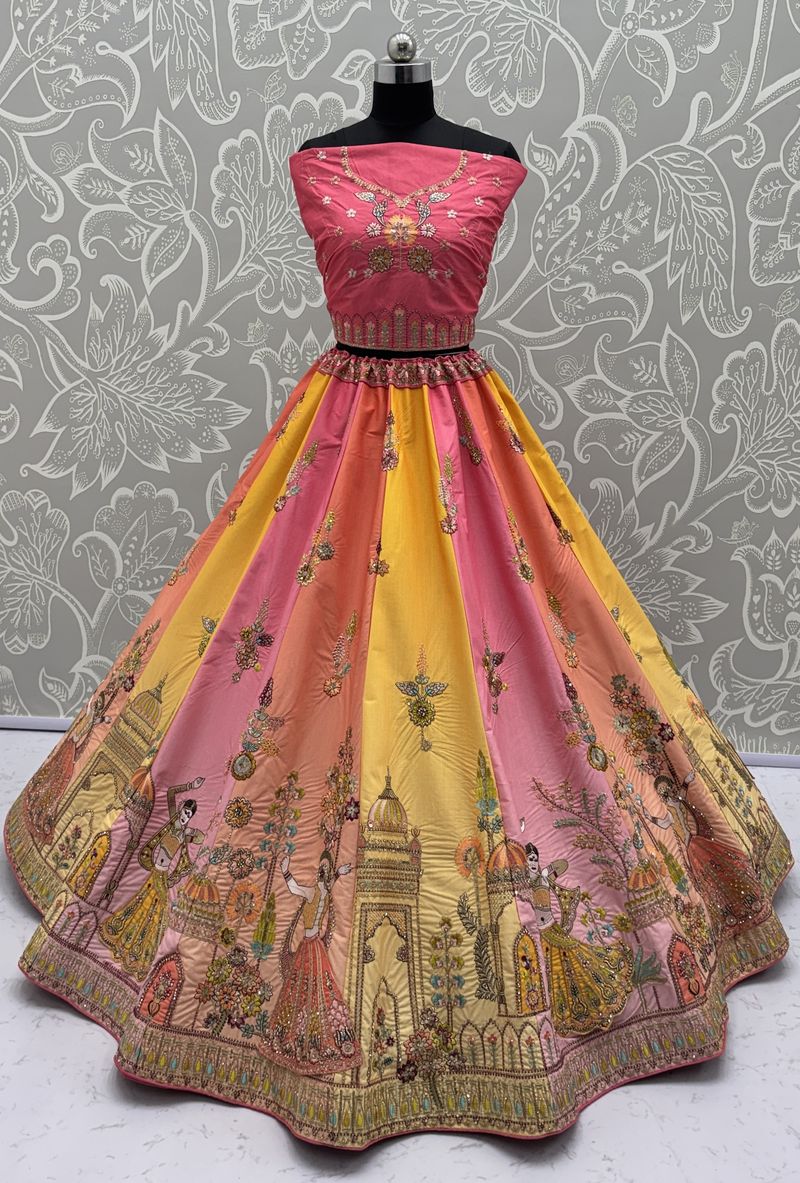 Multi Pink Pure Soft Silk Premium Bridal Lehenga Choli