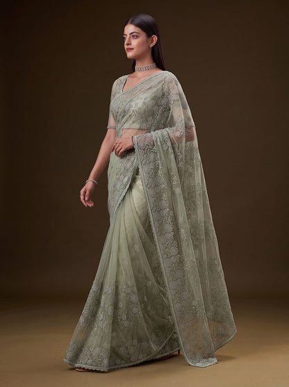 Olive Green Pure Premium Net Handwork Kasti &amp; Motif Zari Metallic Sequins Work Wedding Saree