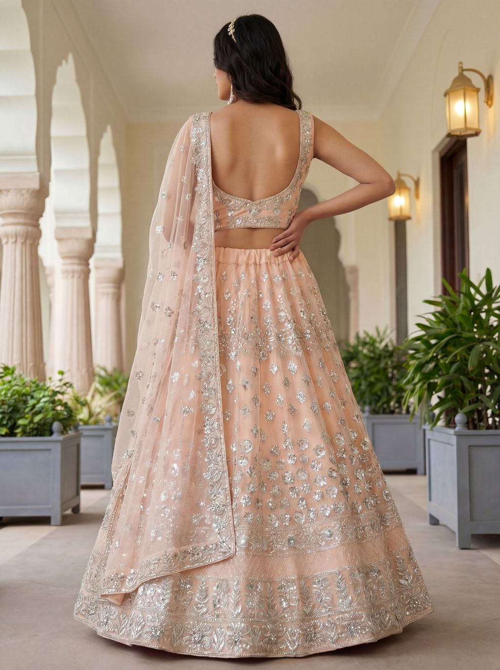 Peach Pure Soft Net Heavy Embroidery Work Bridal Lehenga 