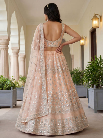 Peach Pure Soft Net Heavy Embroidery Work Bridal Lehenga 