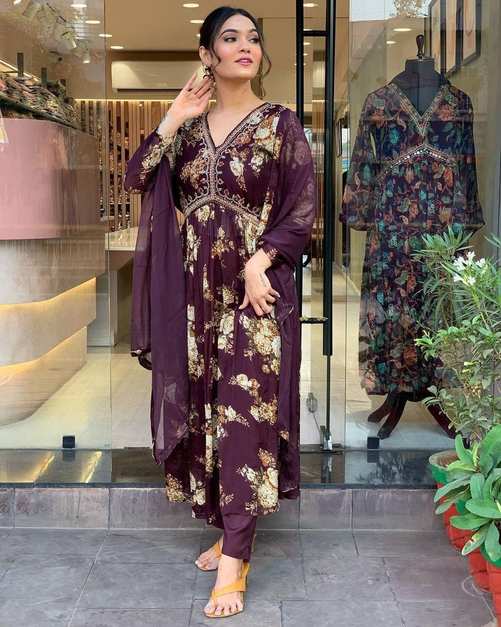 Maroon Floral Georgette Anarkali Kurti with Chinnon Dupatta