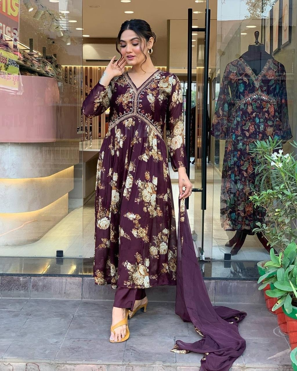 Maroon Floral Georgette Anarkali Kurti with Chinnon Dupatta