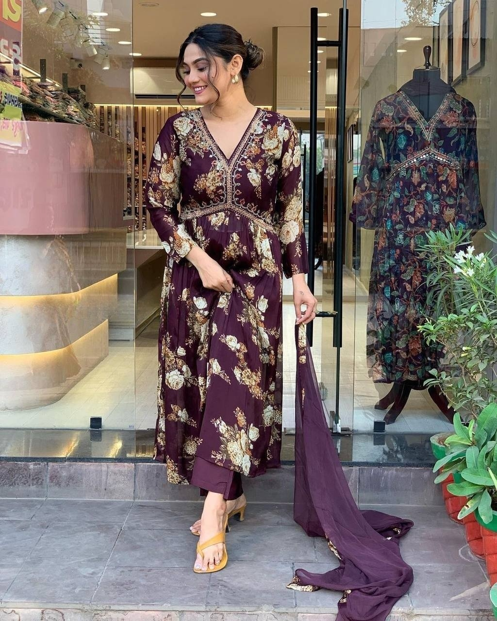 Maroon Floral Georgette Anarkali Kurti with Chinnon Dupatta